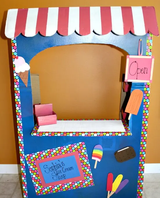 Play Ice Cream Shop made out of a big cardboard box