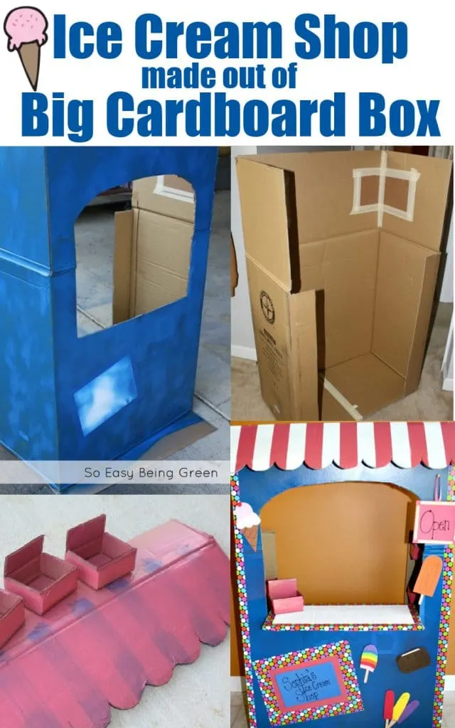 collage showing how to make a diy cardboard playhouse out of a big cardboard box