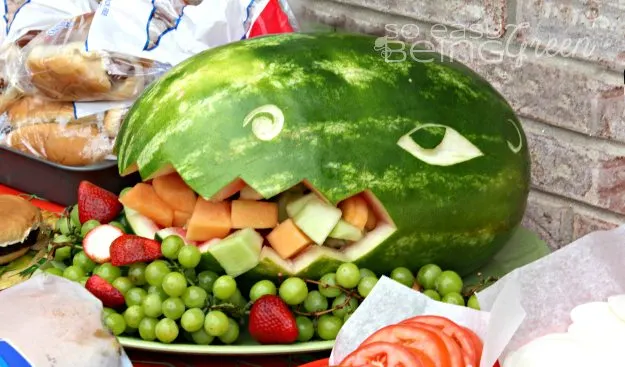 Dinosaur Birthday Party Ideas Food dinosaur fruit tray with watermelon, grapes, strawberries, cantaloupe