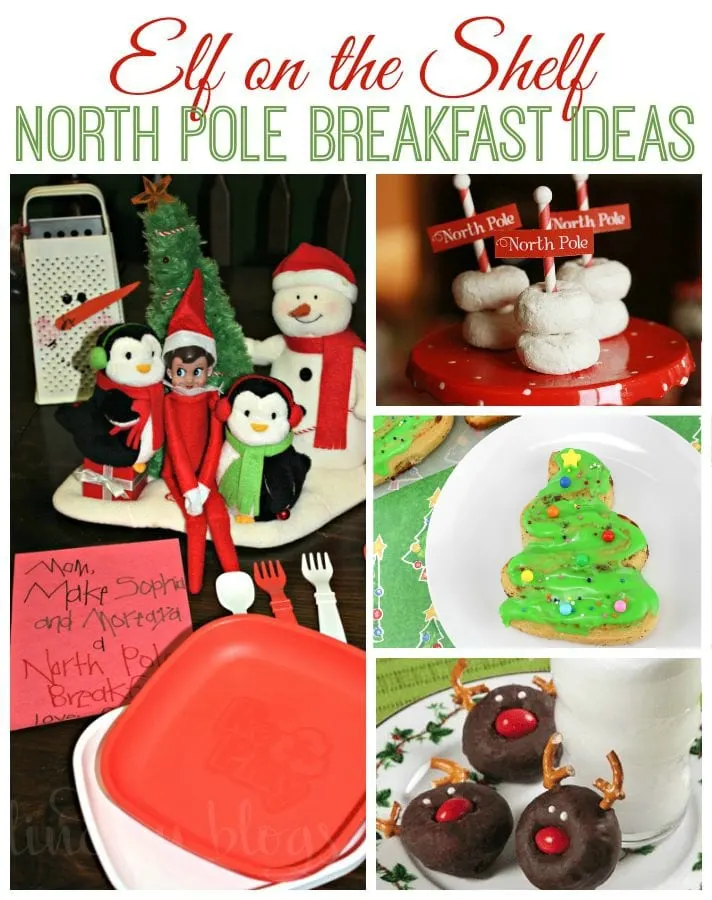 collage of north pole breakfast foods and elf on the shelf