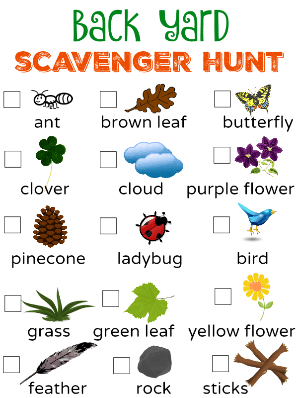 printable list of back yard scavenger hunt ideas for kids
