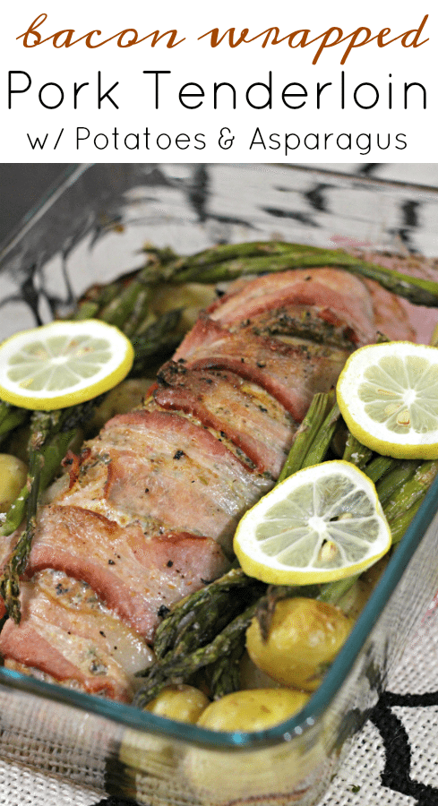 Bacon wrapped Smithfield pork tenderloin with fresh vegetables in one pan meal