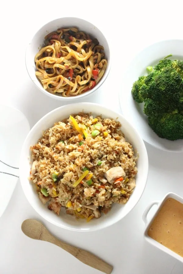 Fried rice with chicken noodles and  steamed broccoli