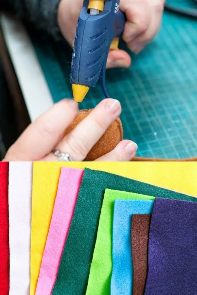 hand holding hot glue gun and colorful felt fabric