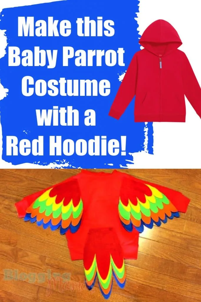 red hoodie into a baby parrot costume with colorful feathers