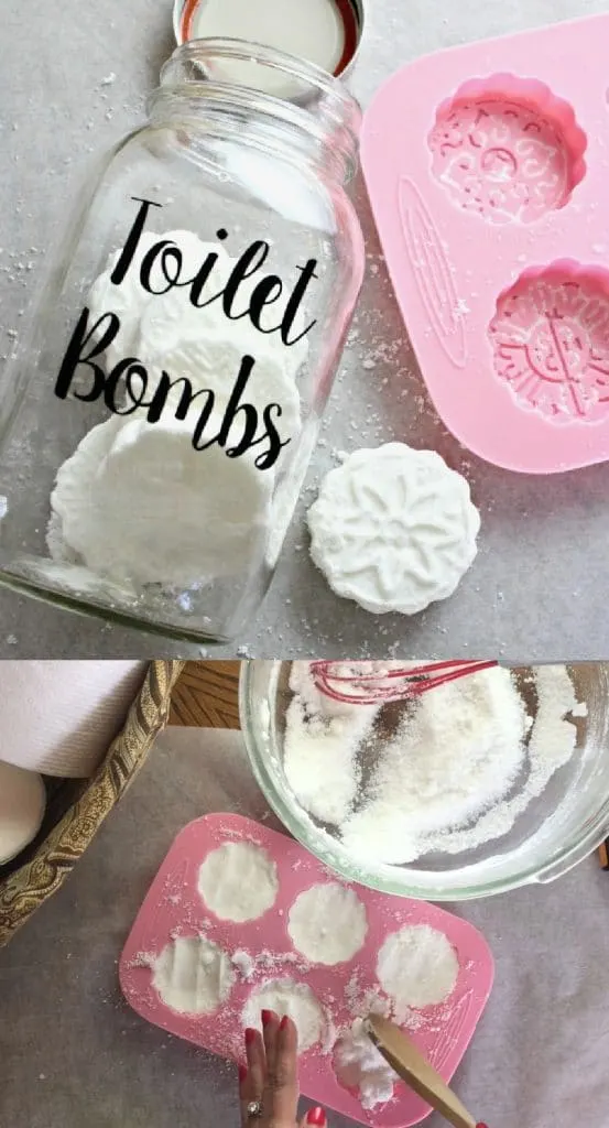 toilet cleaner bombs beside jar and silicone mold and mixing bowl with powder