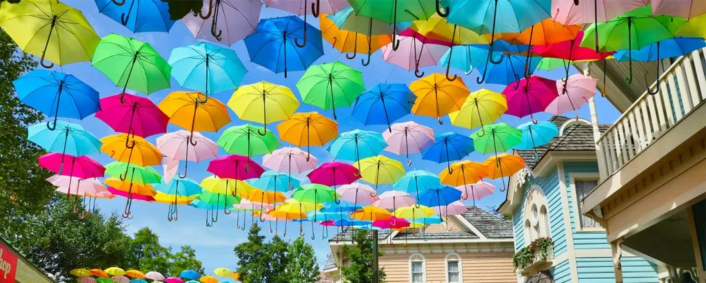 colorful umbrellas hanging in sky at dollywood