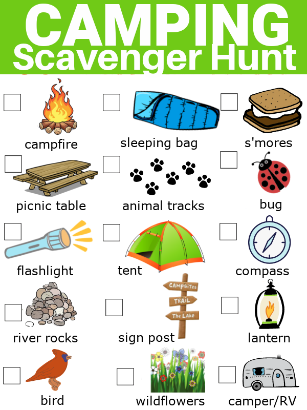 camping scavenger hunt printable with camping items pictured
