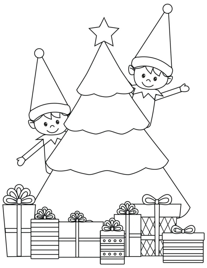 2 christmas elves behind christmas tree with presents