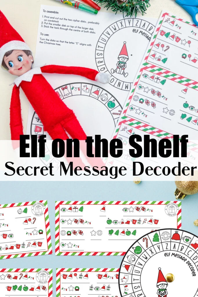 elf on the shelf laying on paper with secret message decoder and elf on the shelf notes